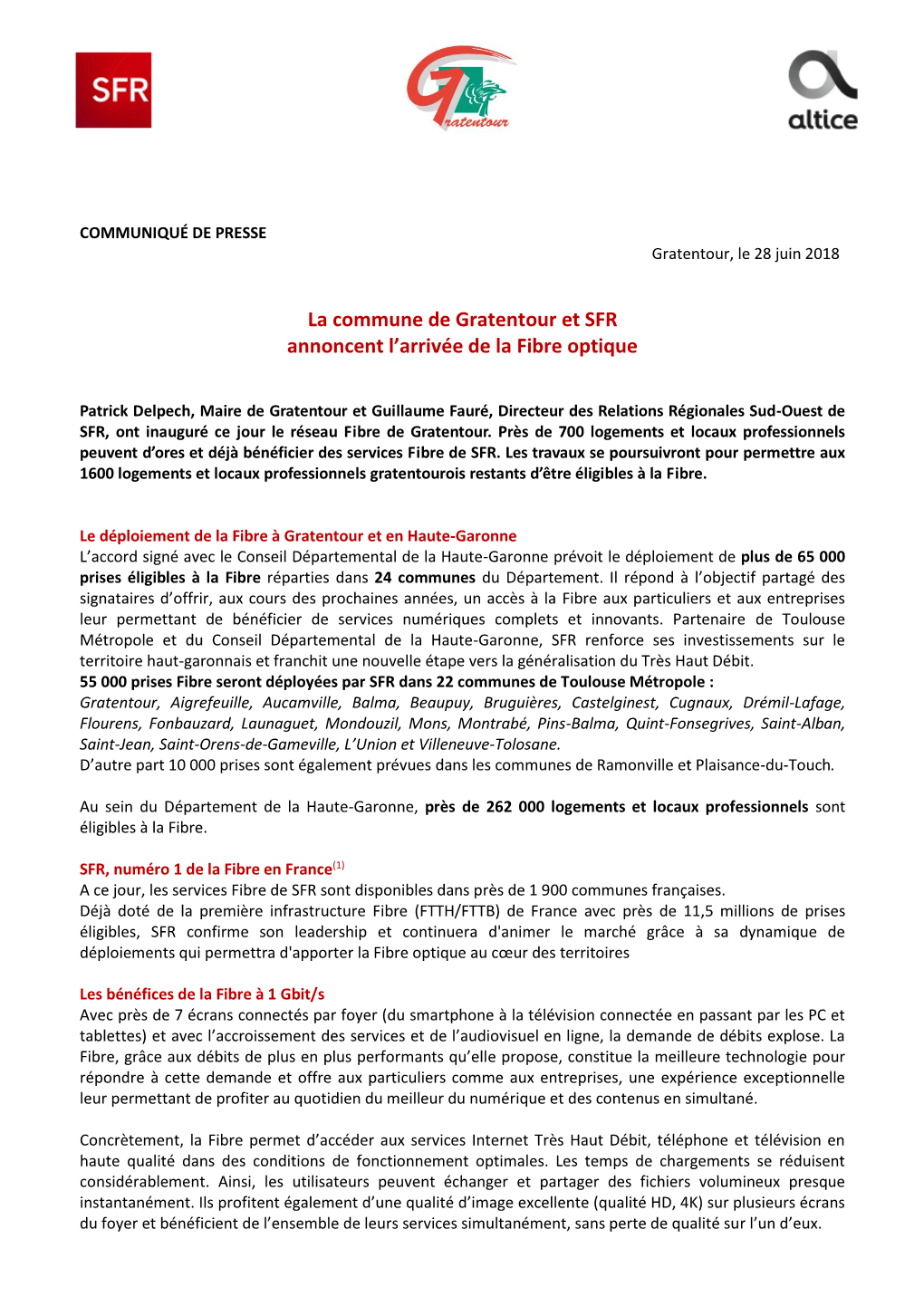 COMMUNIQUÉ DE PRESSE Gratentour, Le 28 Juin 2018