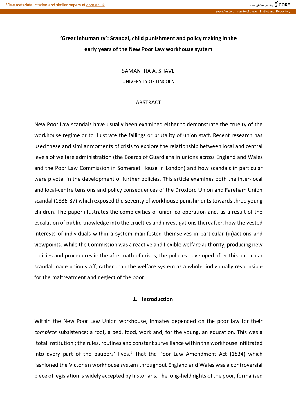 Scandal, Child Punishment and Policy Making in the Early Years of the New Poor Law Workhouse System