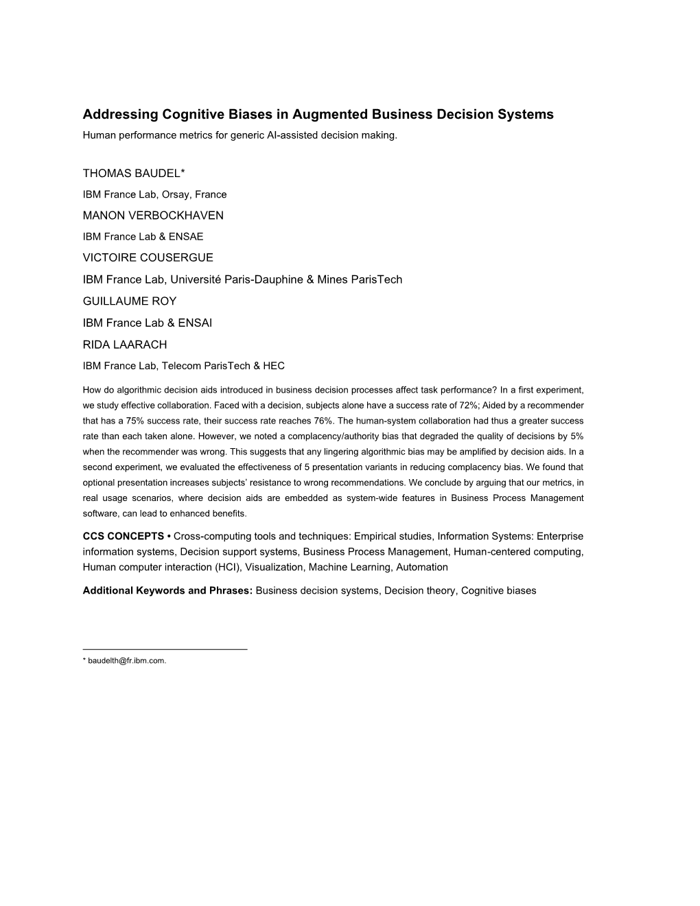 Addressing Cognitive Biases in Augmented Business Decision Systems Human Performance Metrics for Generic AI-Assisted Decision Making