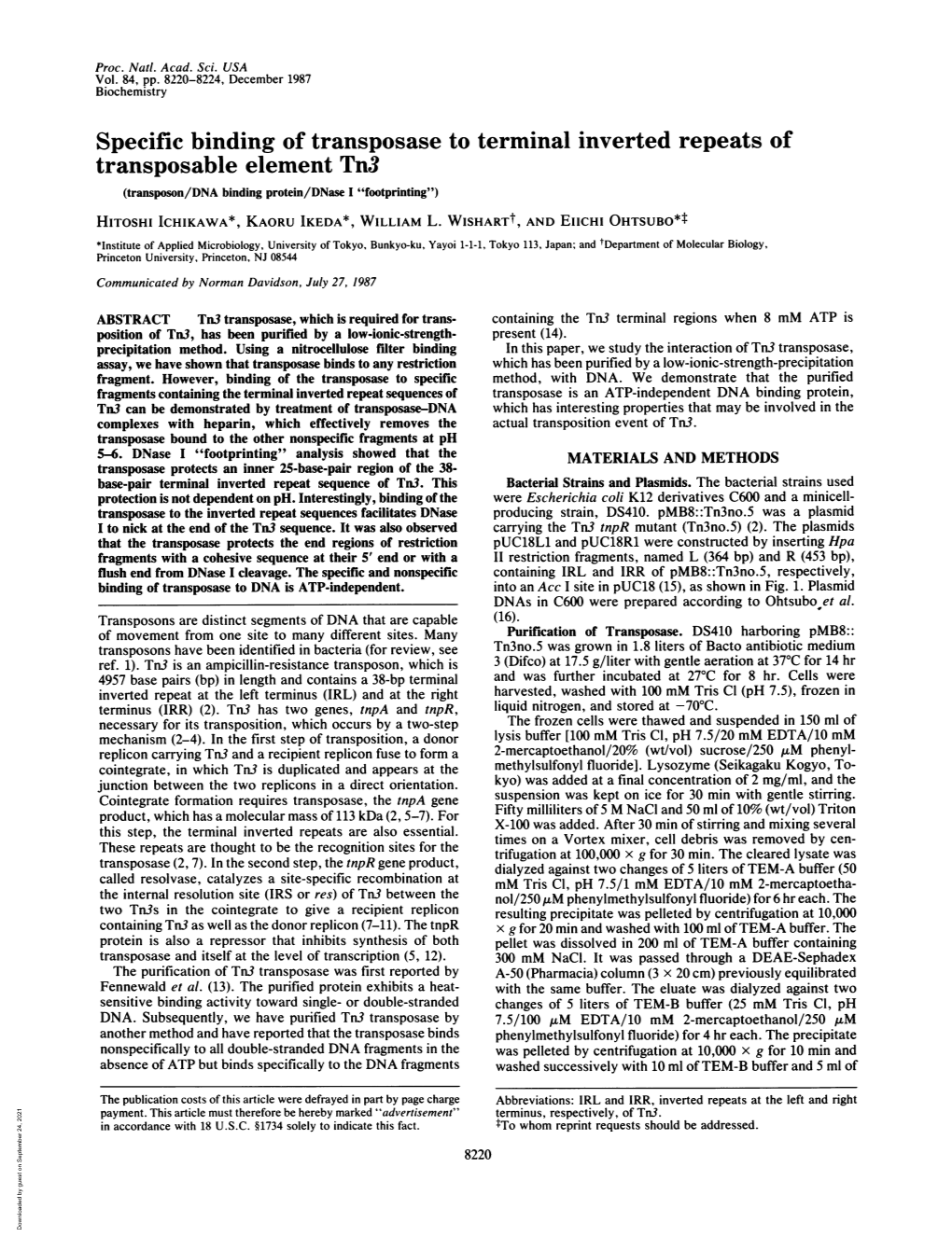 Specific Binding of Transposase to Terminal Inverted Repeats Of