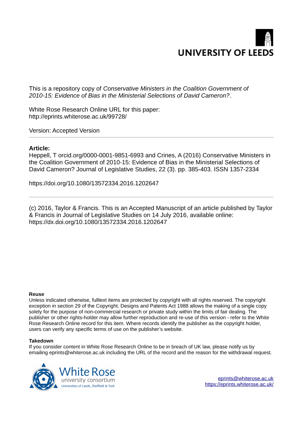 Conservative Ministers in the Coalition Government of 2010-15: Evidence of Bias in the Ministerial Selections of David Cameron?