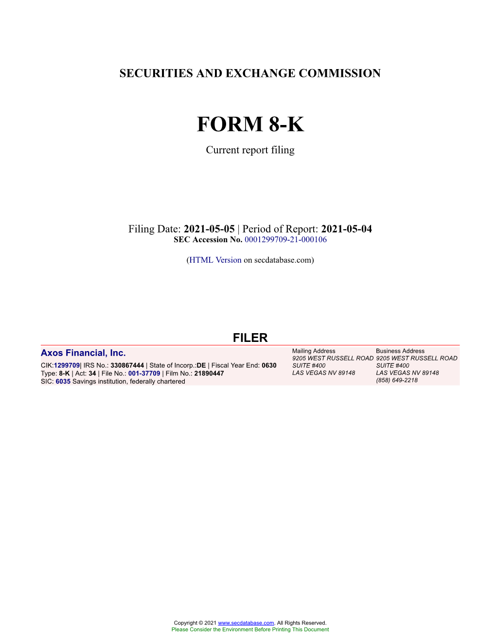 Axos Financial, Inc. Form 8-K Current Event Report Filed 2021-05-05