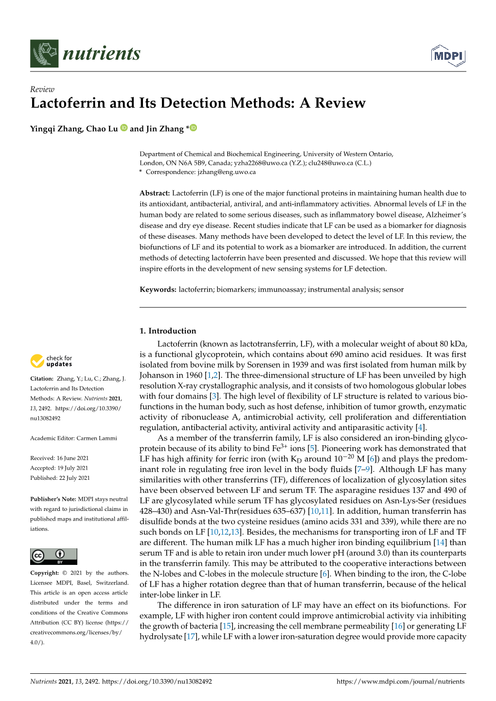 Lactoferrin and Its Detection Methods: a Review