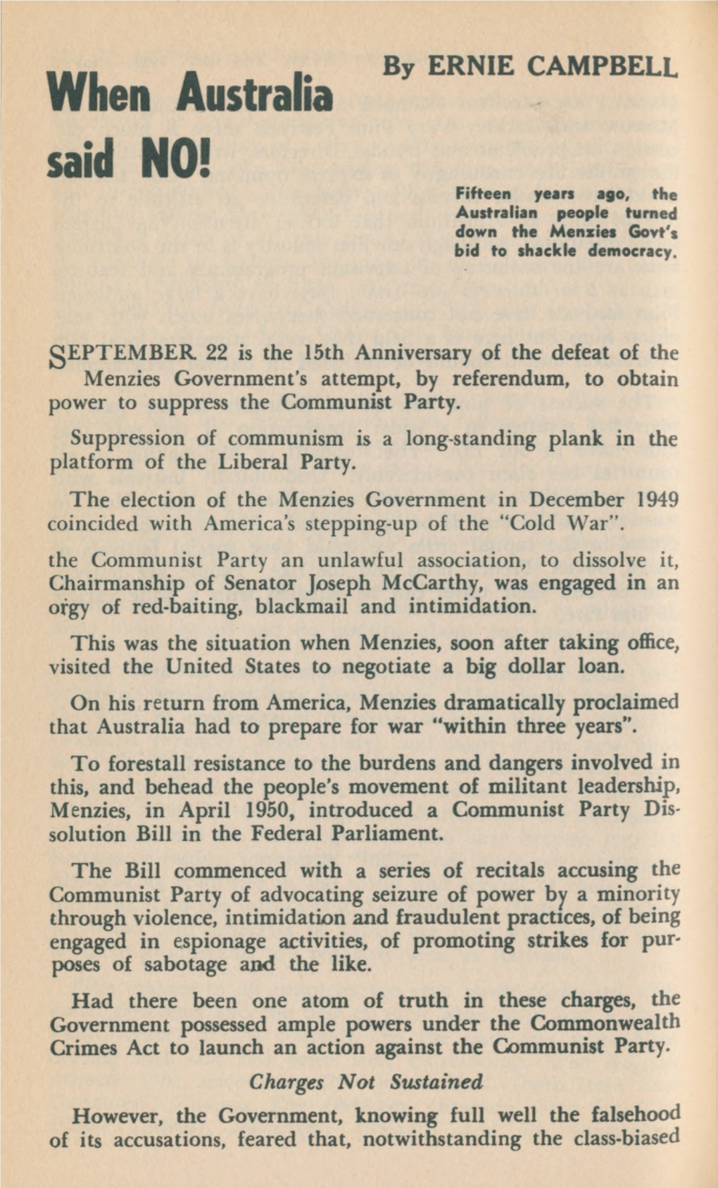 When Australia Said NO! Fifteen Years Ago, the Australian People Turned Down the Menzies Govt's Bid to Shackle Democracy