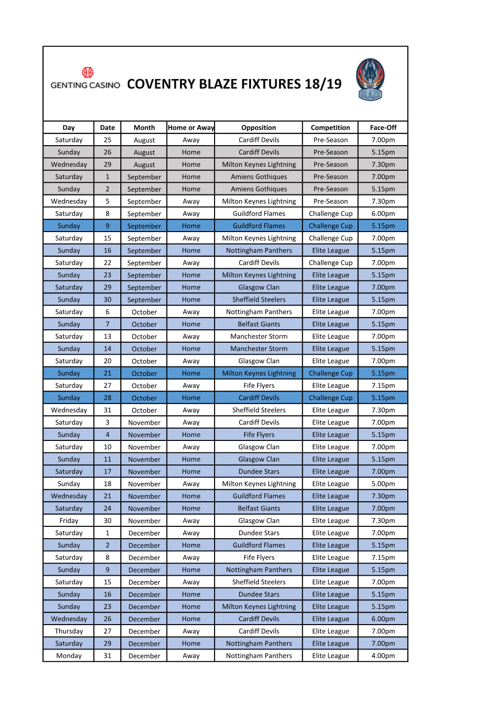 Coventry Blaze Fixtures 18/19