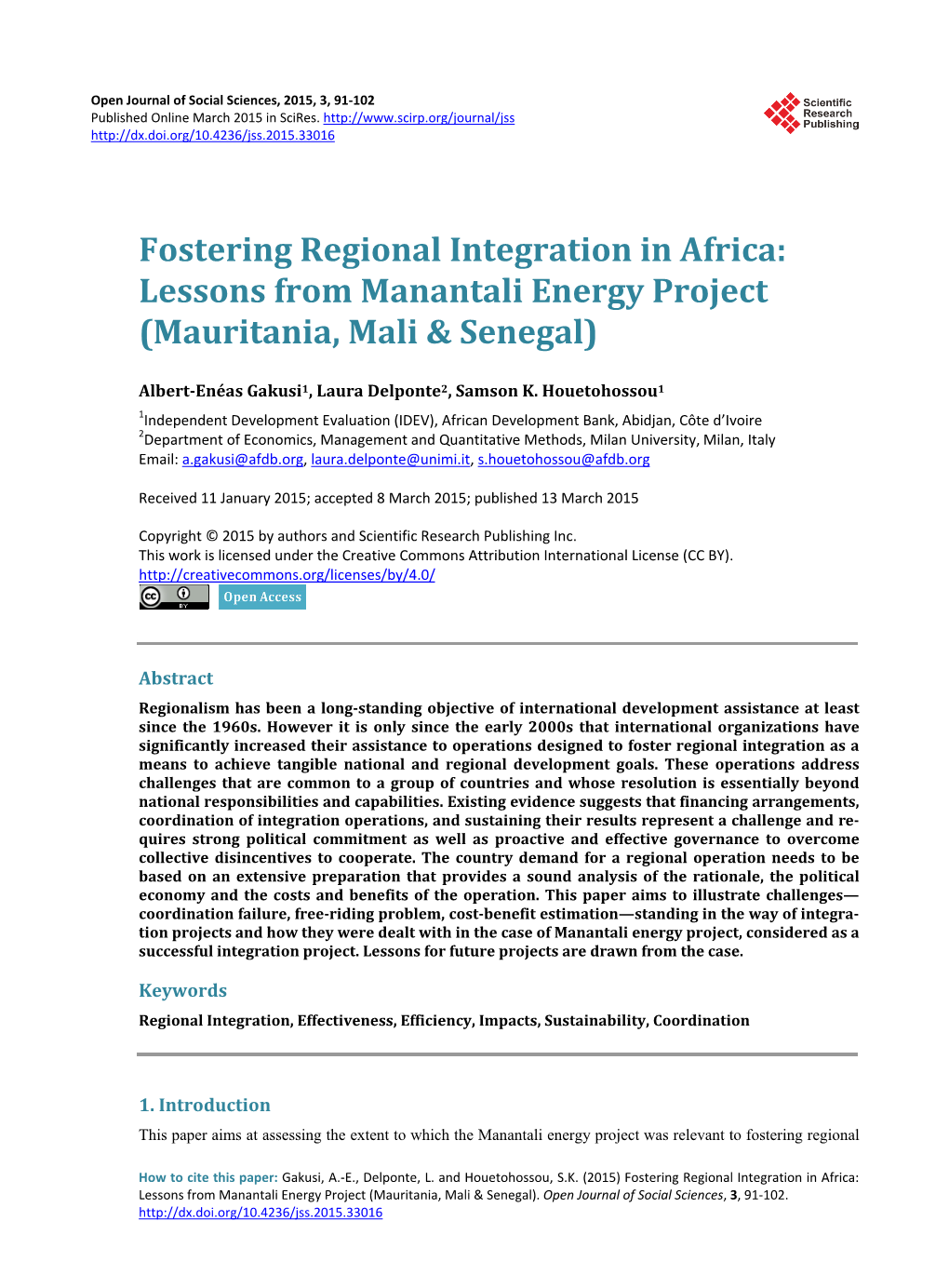 Fostering Regional Integration in Africa: Lessons from Manantali Energy Project (Mauritania, Mali & Senegal)