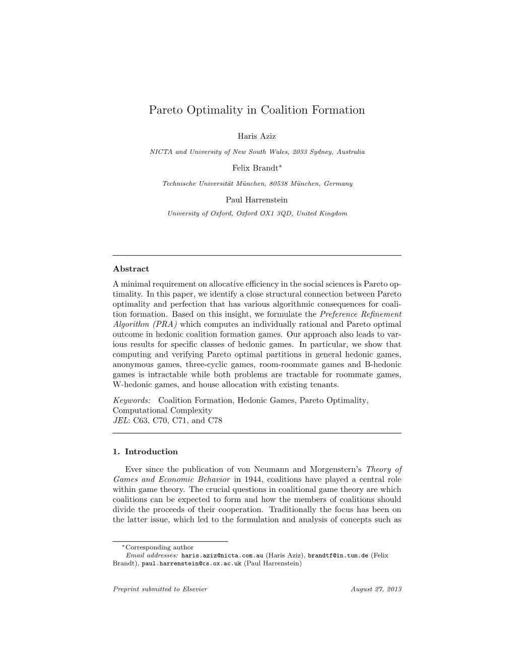 Pareto Optimality in Coalition Formation