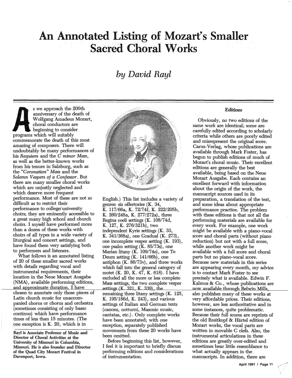 An Annotated Listing of Mozart's Smaller , Sacred Choral Works