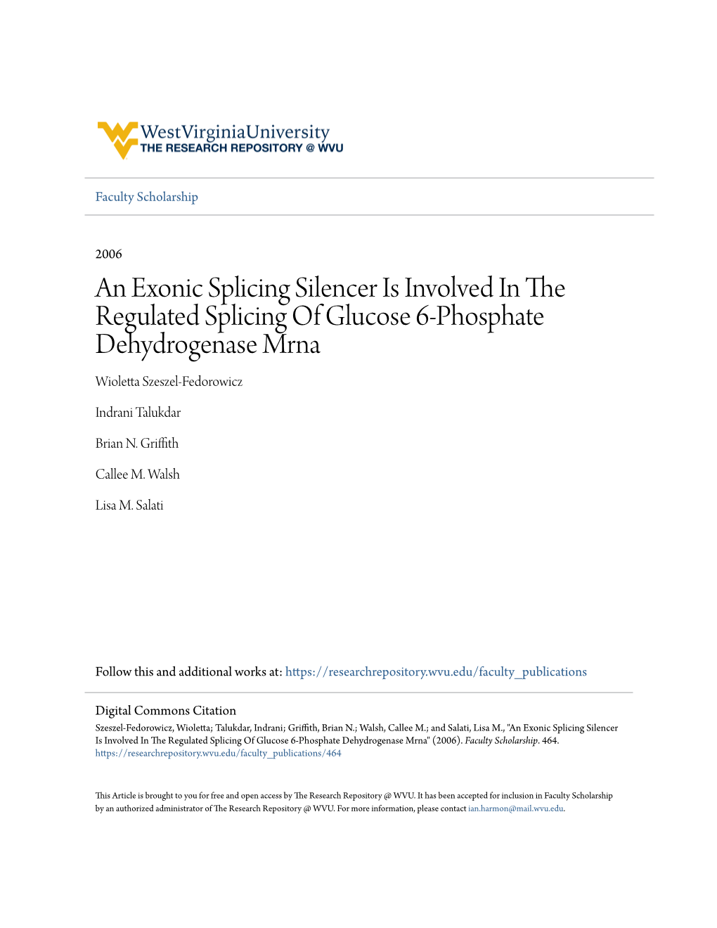 An Exonic Splicing Silencer Is Involved in the Regulated Splicing of Glucose 6-Phosphate Dehydrogenase Mrna Wioletta Szeszel-Fedorowicz