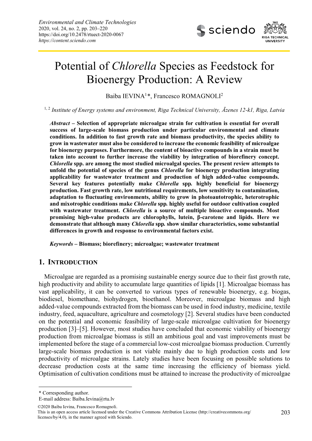 Potential of Chlorella Species As Feedstock for Bioenergy Production: a Review