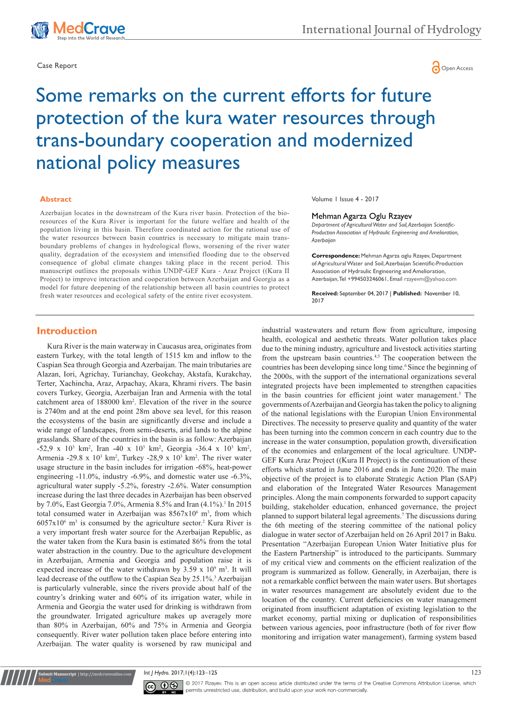 Some Remarks on the Current Efforts for Future Protection of the Kura Water Resources Through Trans-Boundary Cooperation and Modernized National Policy Measures