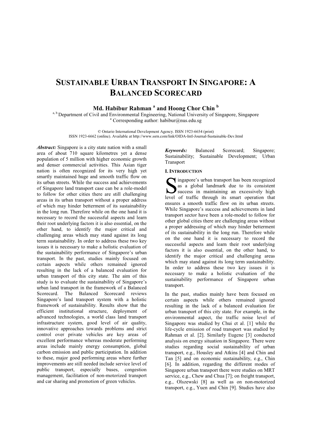 Sustainable Urban Transport in Singapore: a Balanced Scorecard