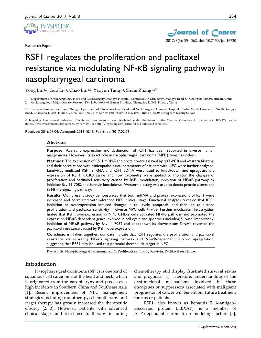 RSF1 Regulates the Proliferation and Paclitaxel Resistance Via Modulating