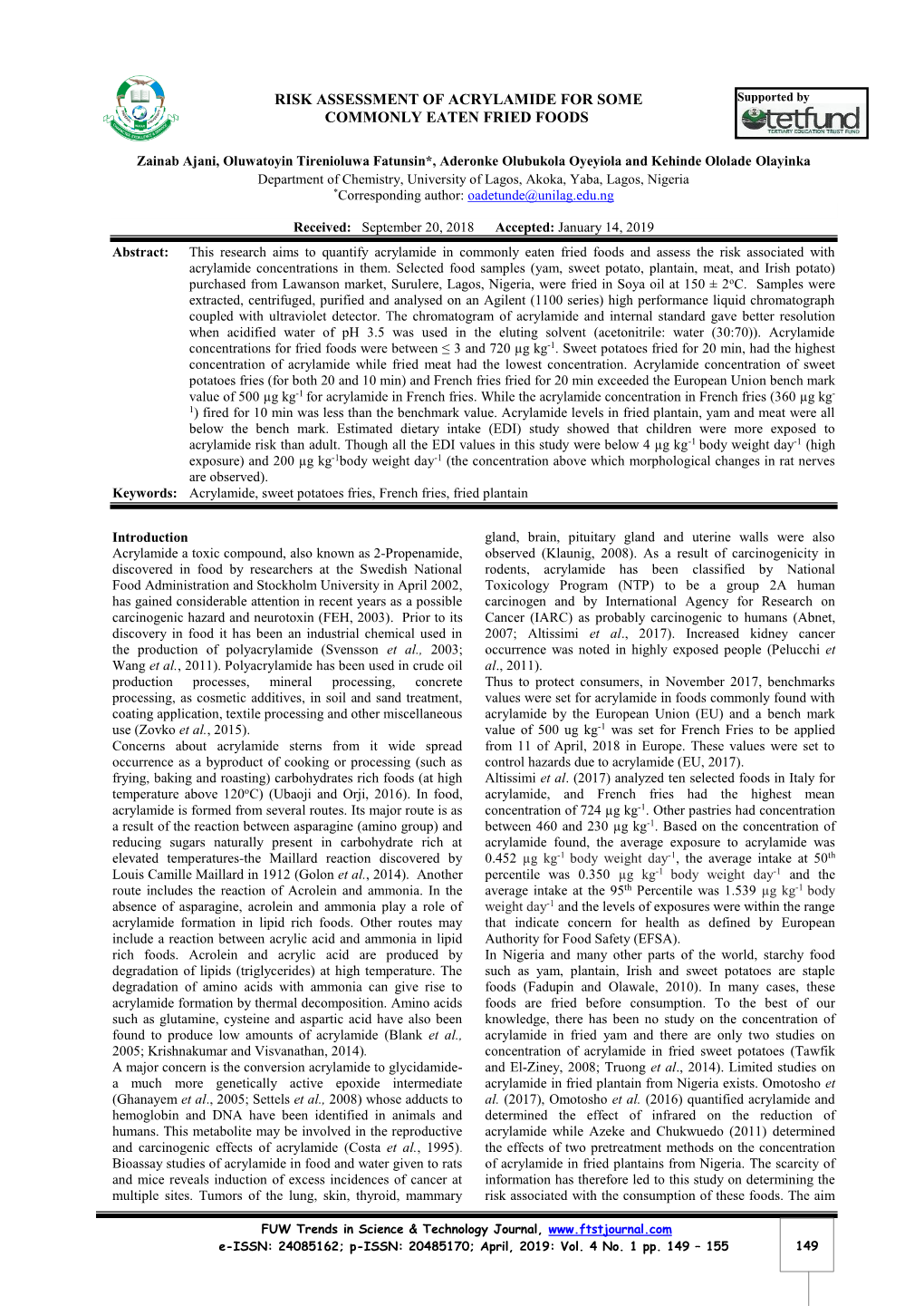 Risk Assessment of Acrylamide for Some Commonly Eaten Fried Foods