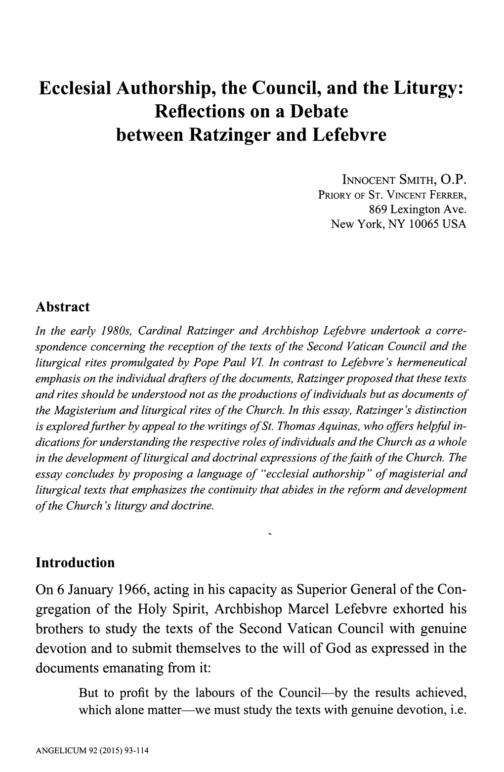 Ecclesial Authorship, the Council, and the Liturgy: Reflections on a Debate Between Ratzinger and Lefebvre