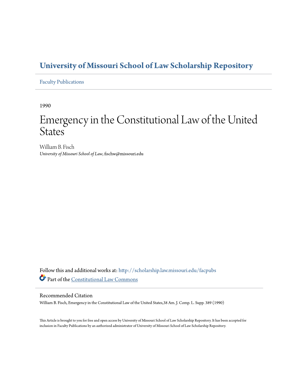 Emergency in the Constitutional Law of the United States William B