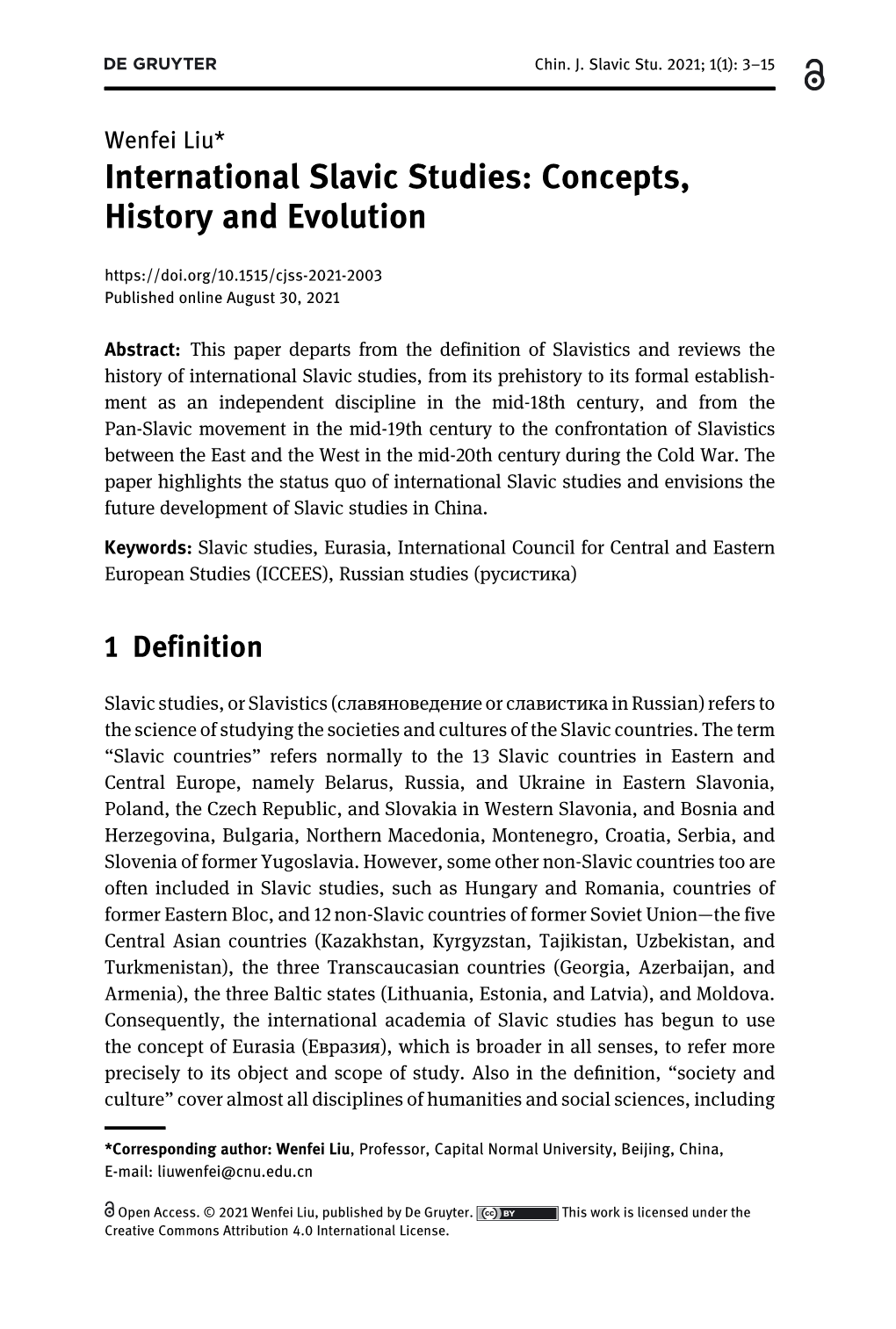 International Slavic Studies: Concepts, History and Evolution Published Online August 30, 2021