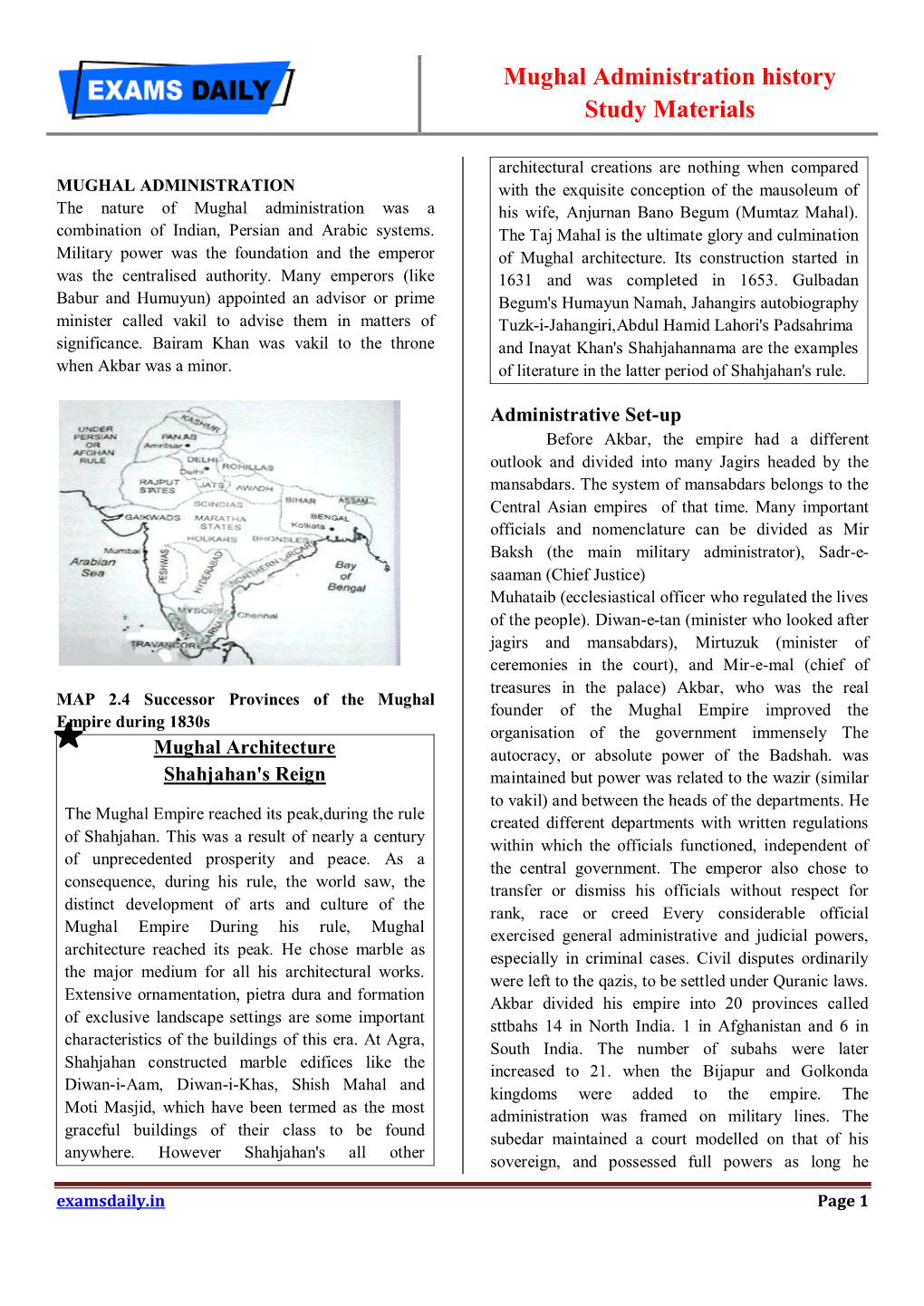 Mughal Administration History Study Materials