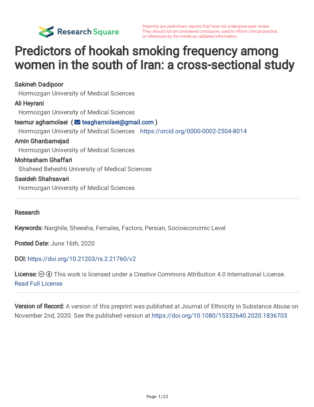 Predictors of Hookah Smoking Frequency Among Women in the South of Iran: a Cross-Sectional Study