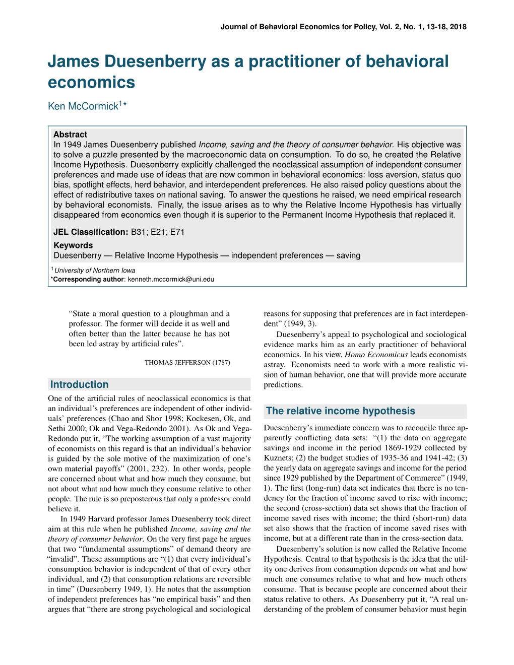 James Duesenberry As a Practitioner of Behavioral Economics