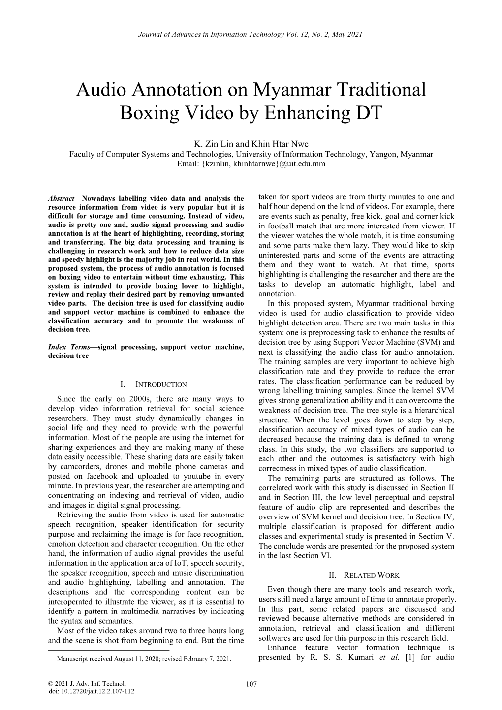 Audio Annotation on Myanmar Traditional Boxing Video by Enhancing DT