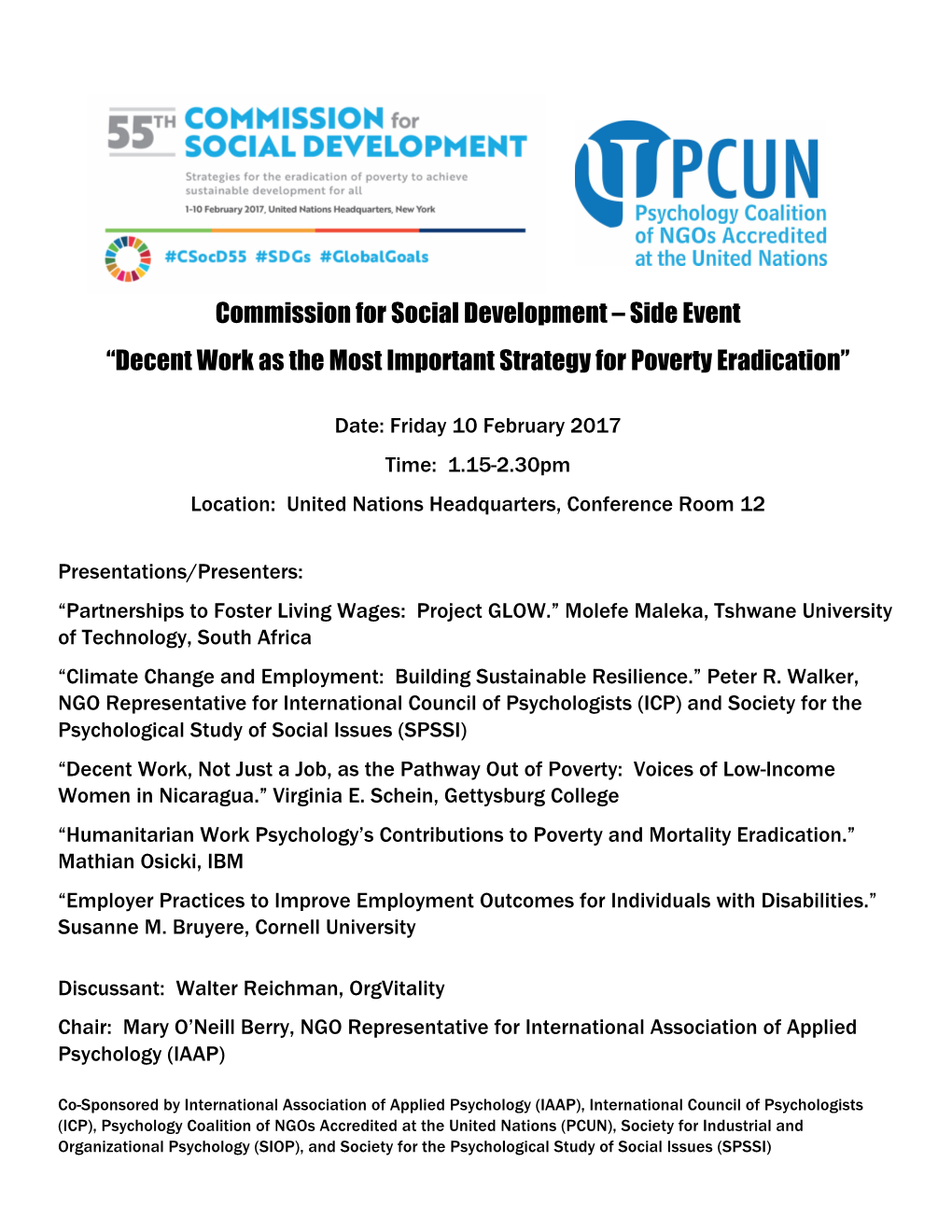 Commission for Social Development – Side Event “Decent Work As the Most Important Strategy for Poverty Eradication”