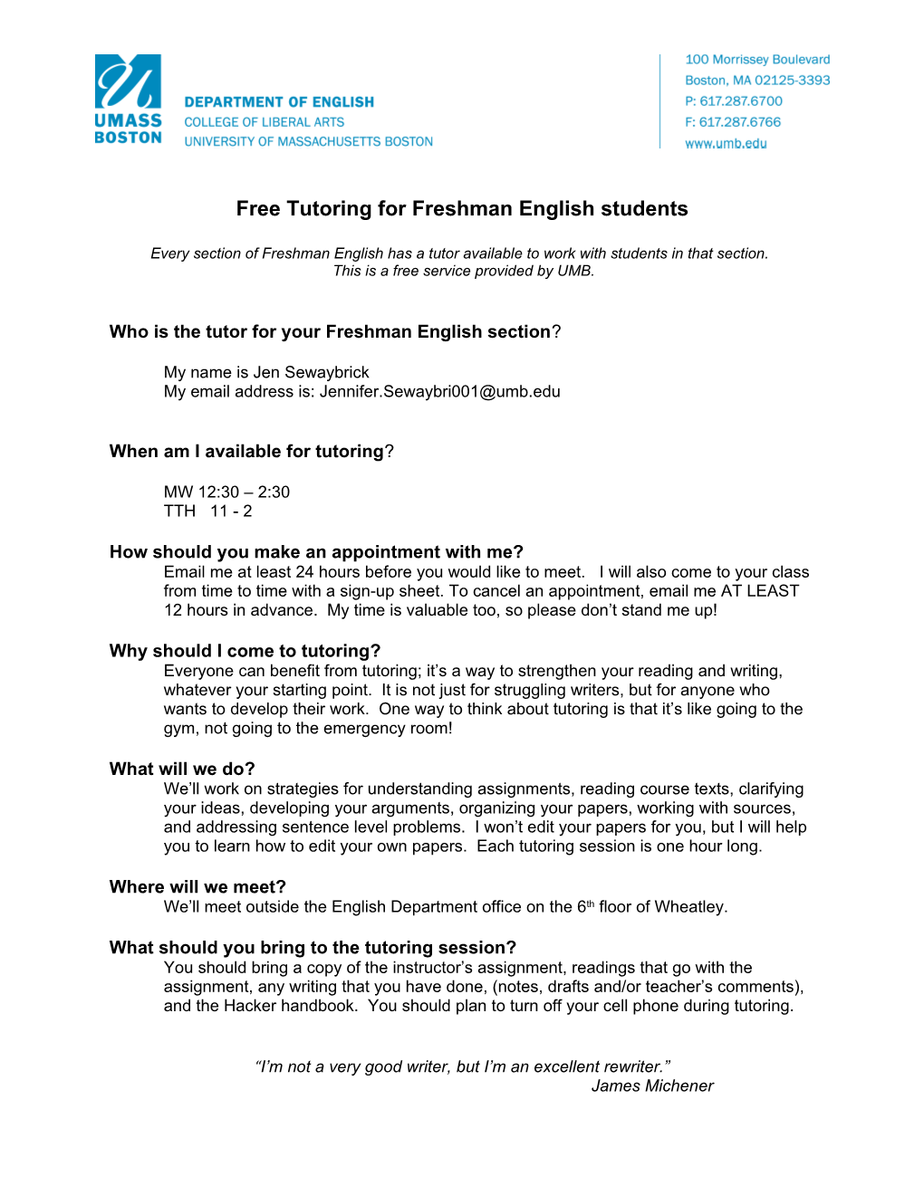 Free Tutoring for Freshman English Students