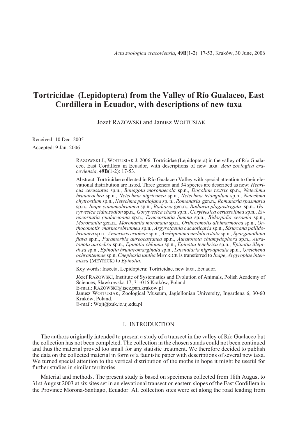 Tortricidae (Lepidoptera) from the Valley of Río Gualaceo, East Cordillera in Ecuador, with Descriptions of New Taxa