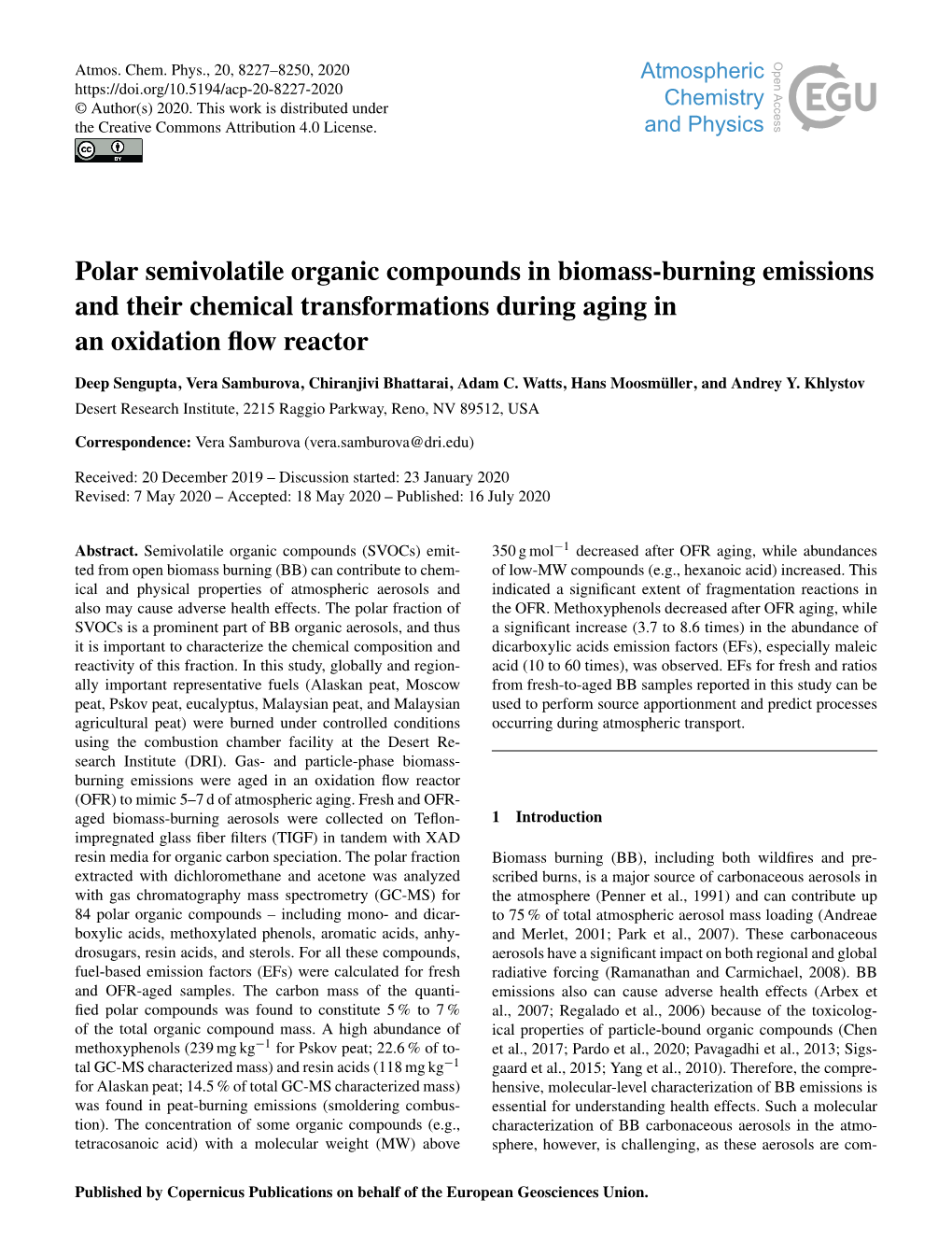 Polar Semivolatile Organic Compounds in Biomass-Burning Emissions and Their Chemical Transformations During Aging in an Oxidation ﬂow Reactor