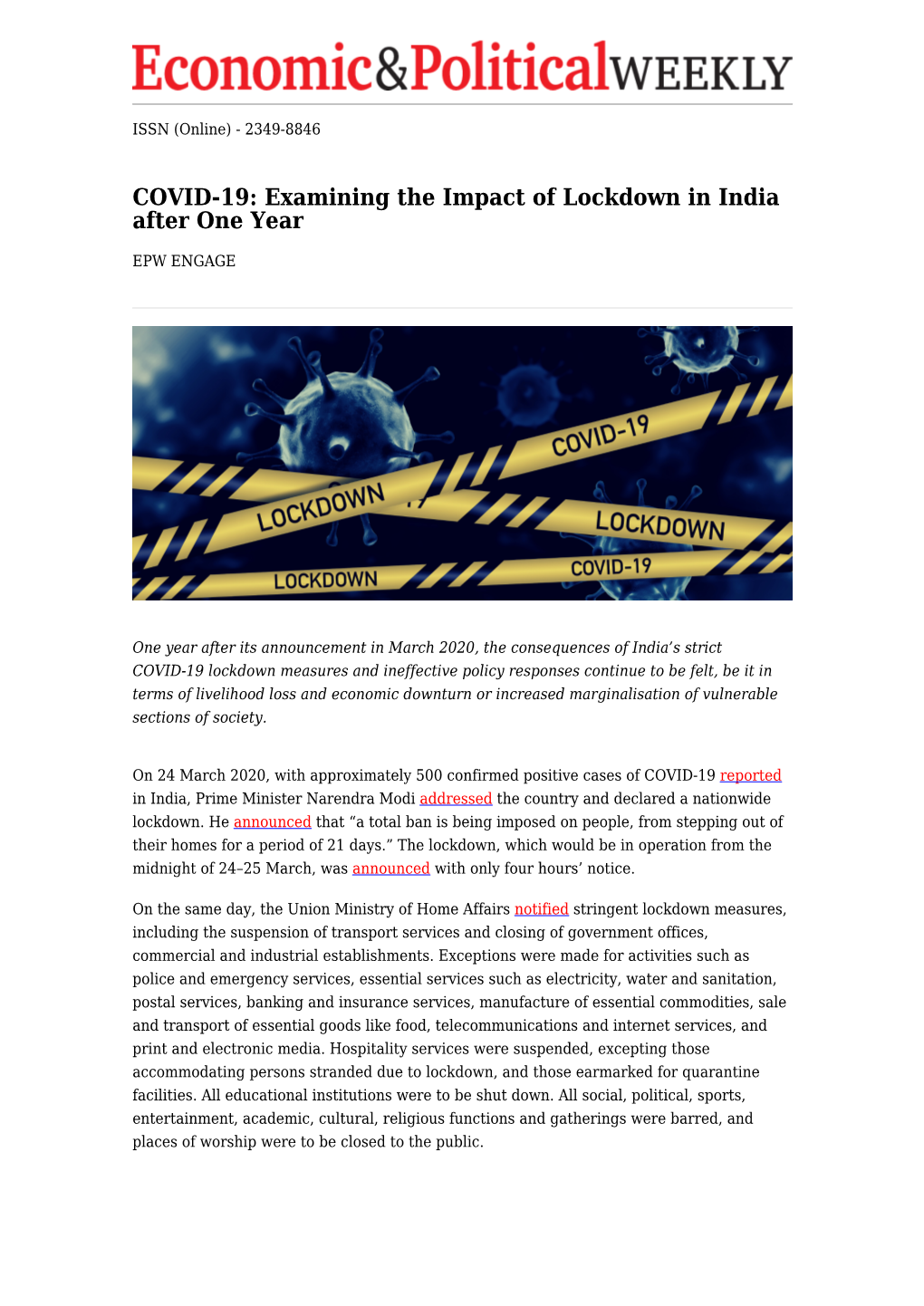 COVID-19: Examining the Impact of Lockdown in India After One Year