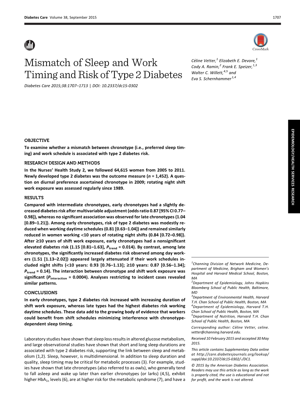 Mismatch of Sleep and Work Timing and Risk of Type 2 Diabetes