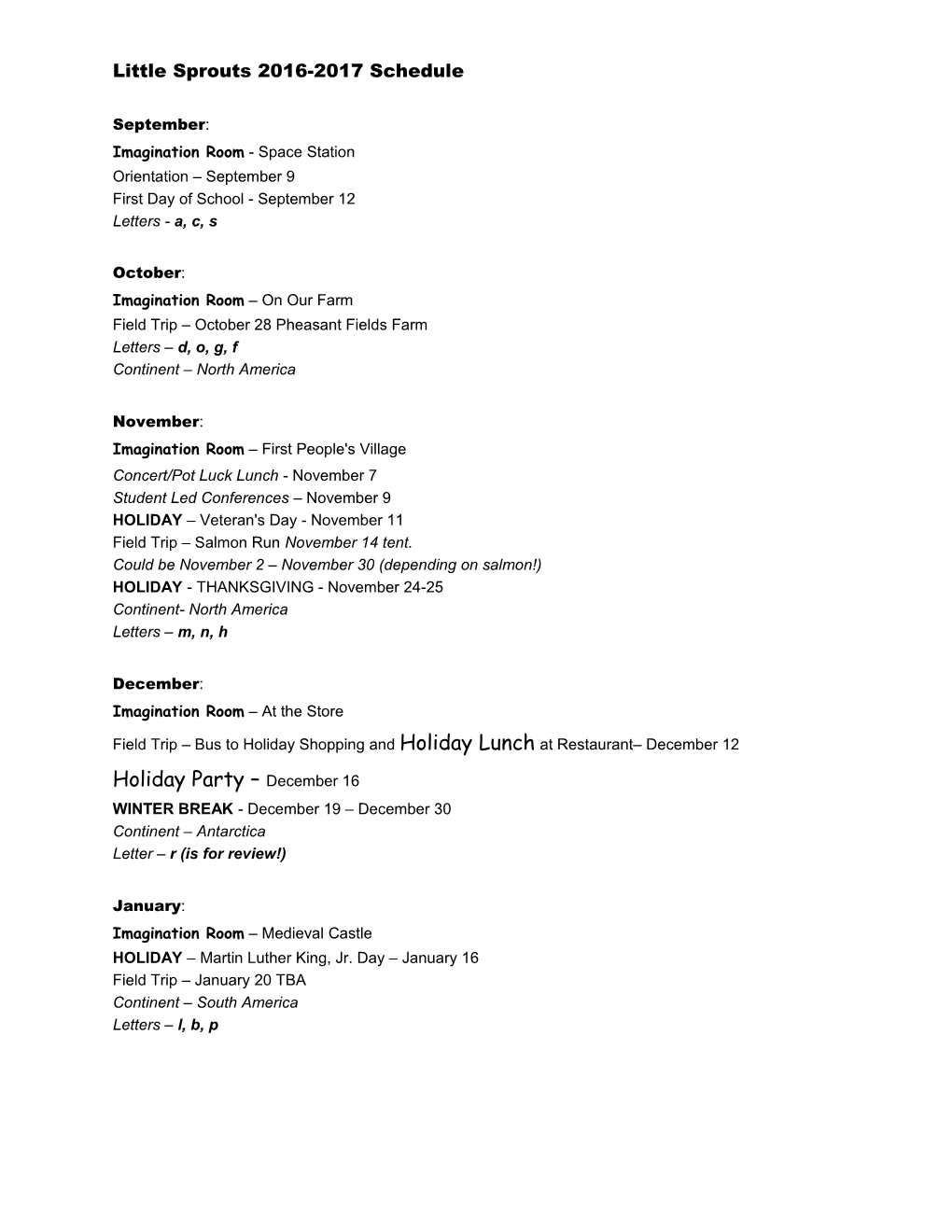 Little Sprouts 2016-2017 Schedule