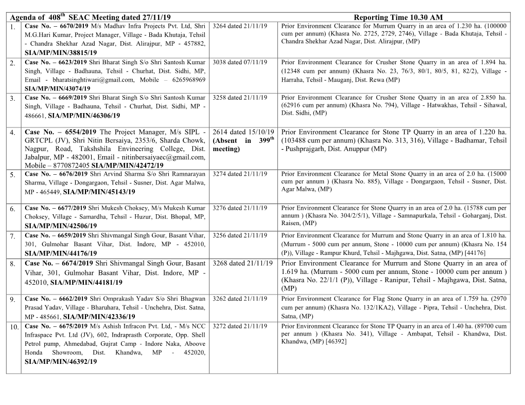 Agenda of 408 SEAC Meeting Dated 27/11/19 Reporting Time 10.30 AM