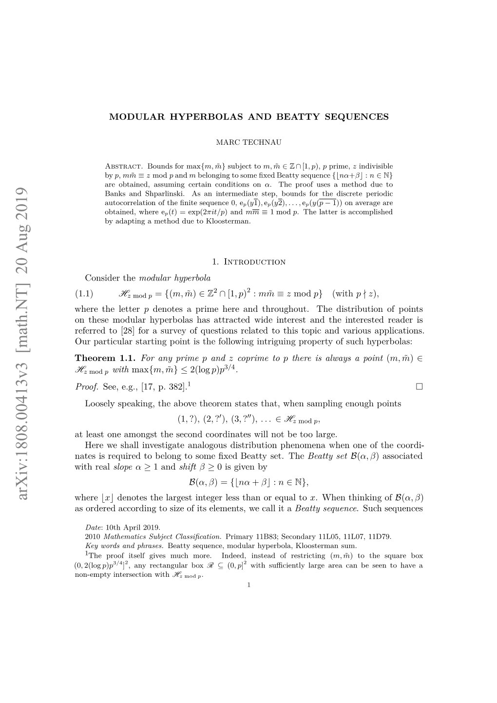 Modular Hyperbolas and Beatty Sequences