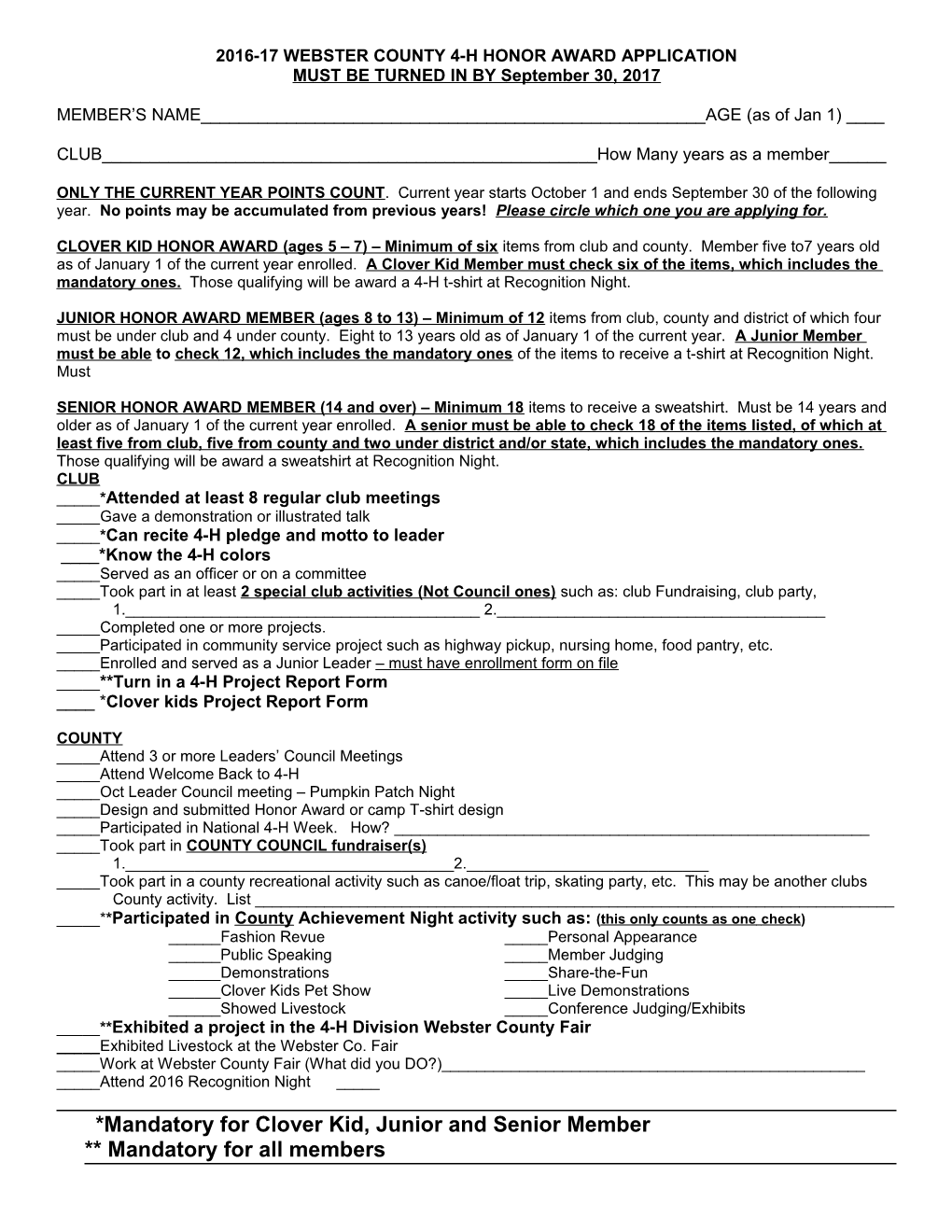 2001 Webster County 4-H Honor Award Application