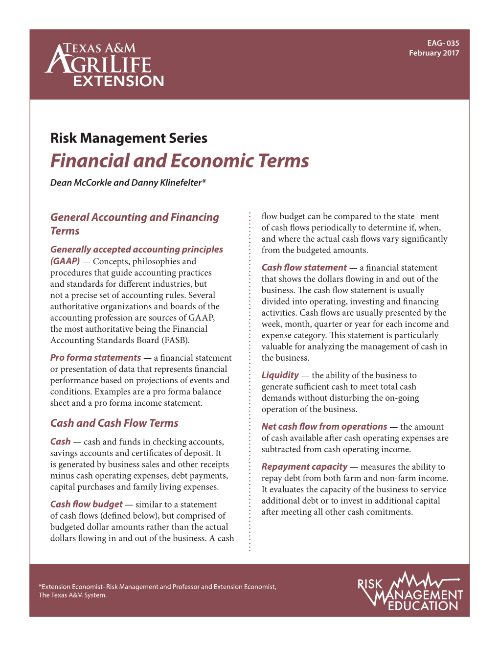 Financial and Economic Terms Dean Mccorkle and Danny Klinefelter*