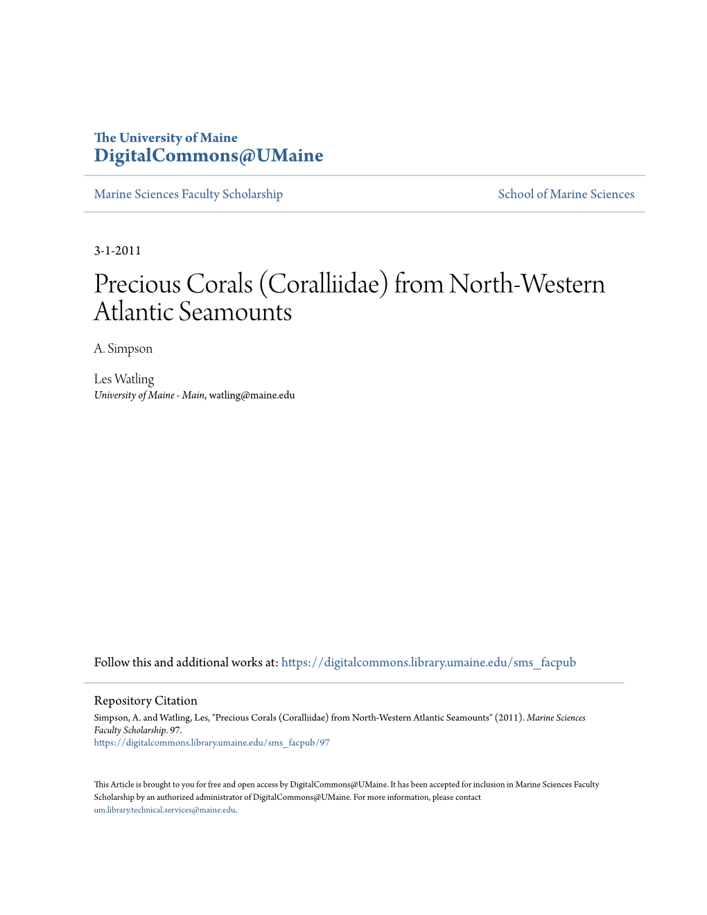 Precious Corals (Coralliidae) from North-Western Atlantic Seamounts A