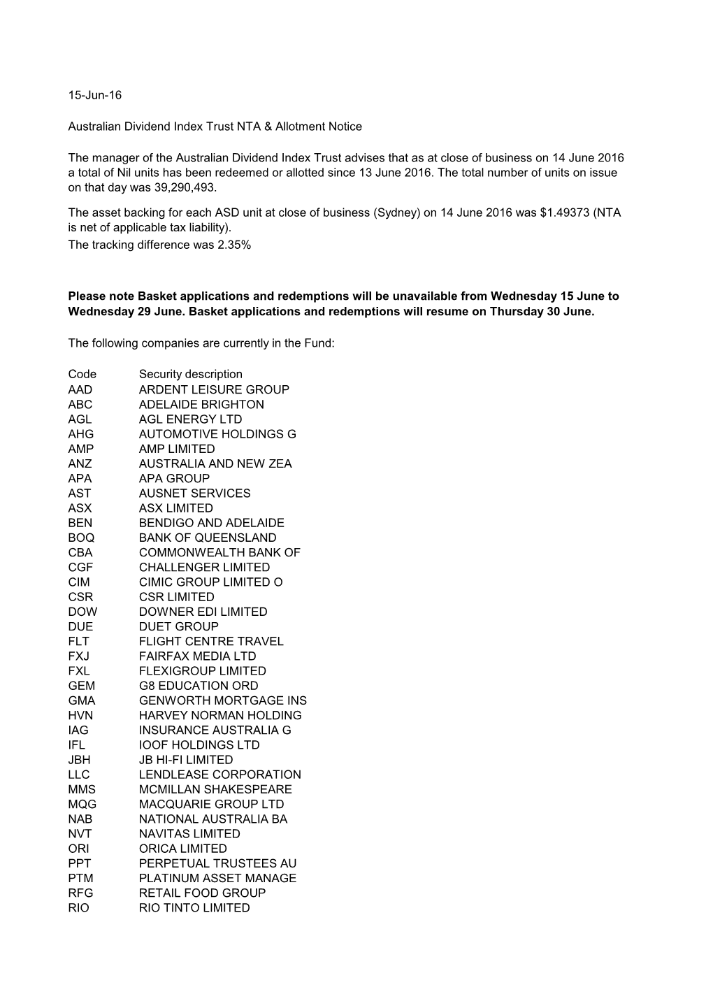 Code Security Description AAD ARDENT LEISURE GROUP ABC ADELAIDE BRIGHTON AGL AGL ENERGY LTD AHG AUTOMOTIVE HOLDINGS G AMP AMP LI