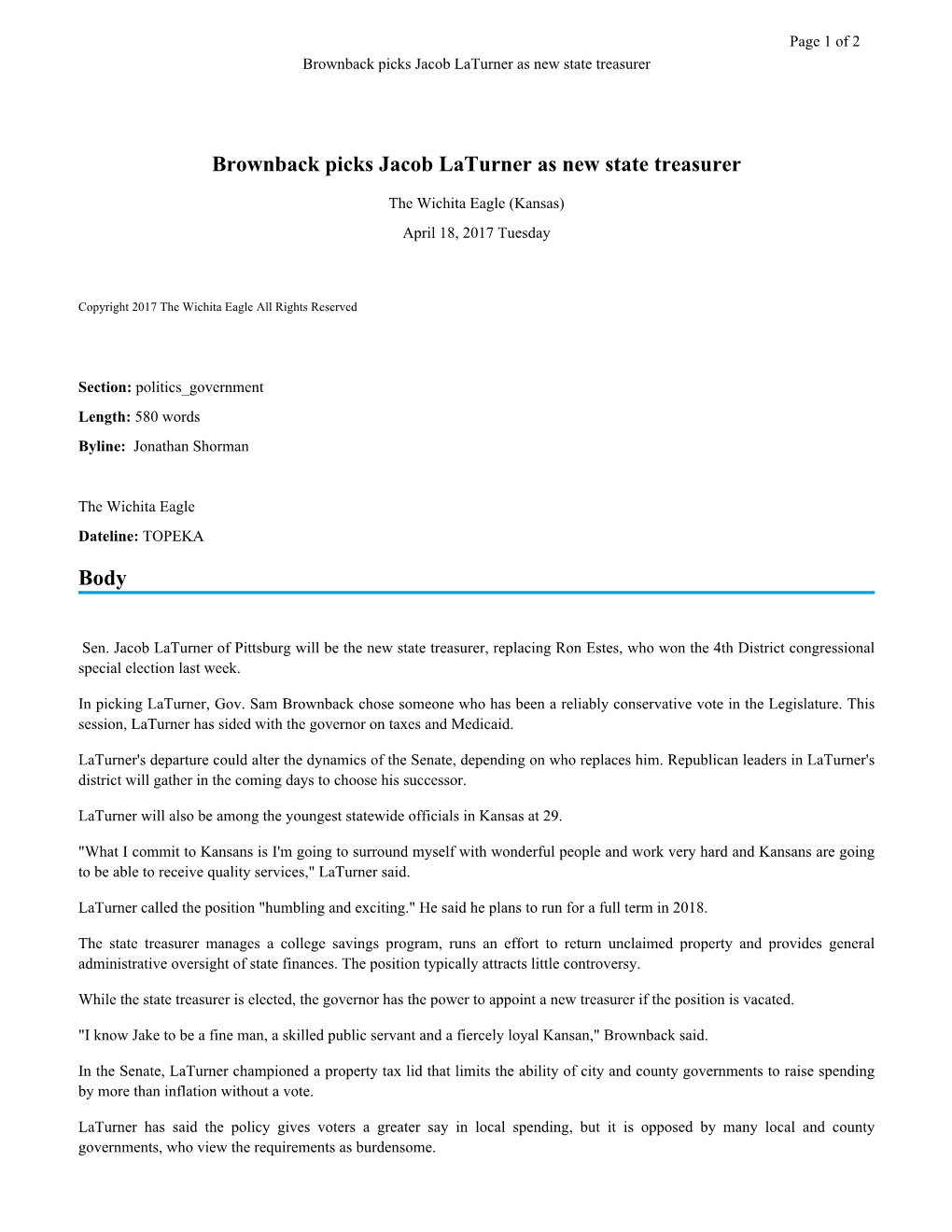 Brownback Picks Jacob Laturner As New State Treasurer Body
