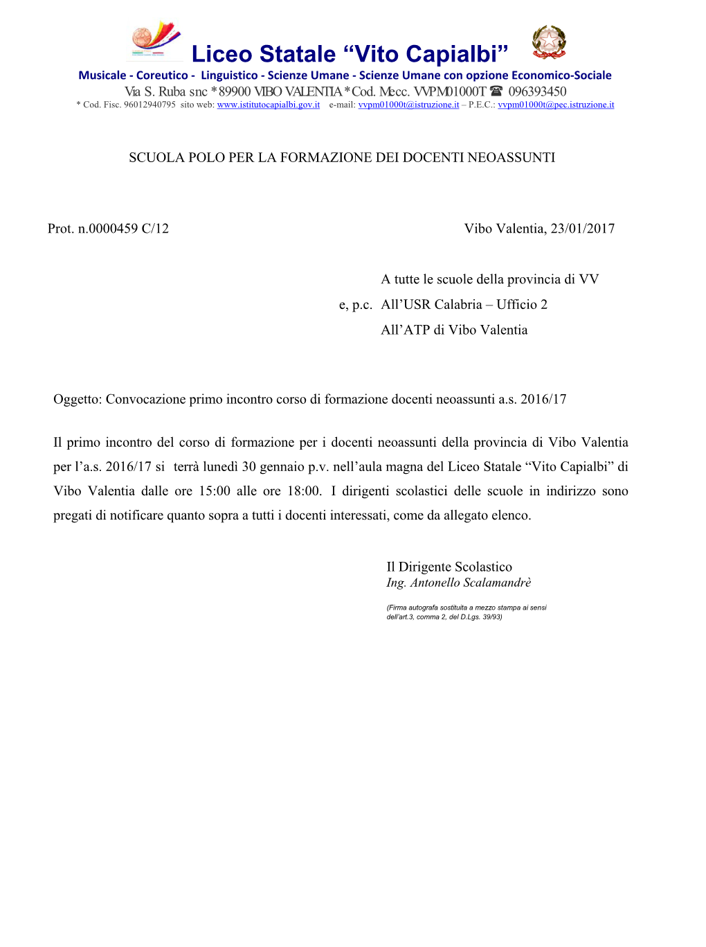 Liceo Statale “Vito Capialbi” Musicale - Coreutico - Linguistico - Scienze Umane - Scienze Umane Con Opzione Economico-Sociale Via S