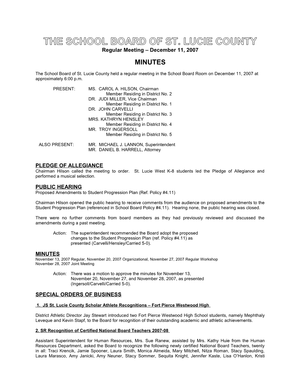 12-11-07 SLCSB Regular Meeting Minutes