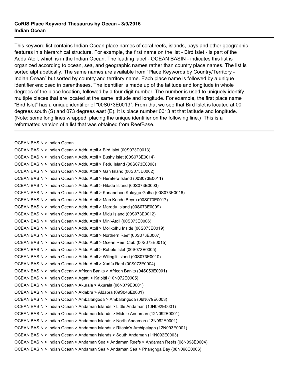 This Keyword List Contains Indian Ocean Place Names of Coral Reefs, Islands, Bays and Other Geographic Features in a Hierarchical Structure