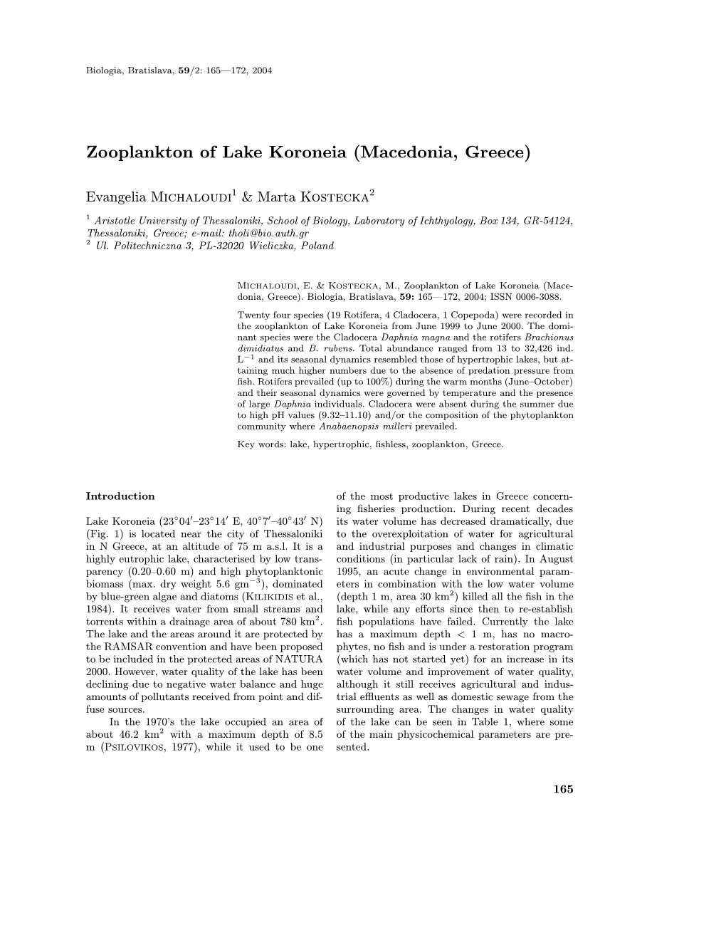 Zooplankton of Lake Koroneia (Macedonia, Greece)