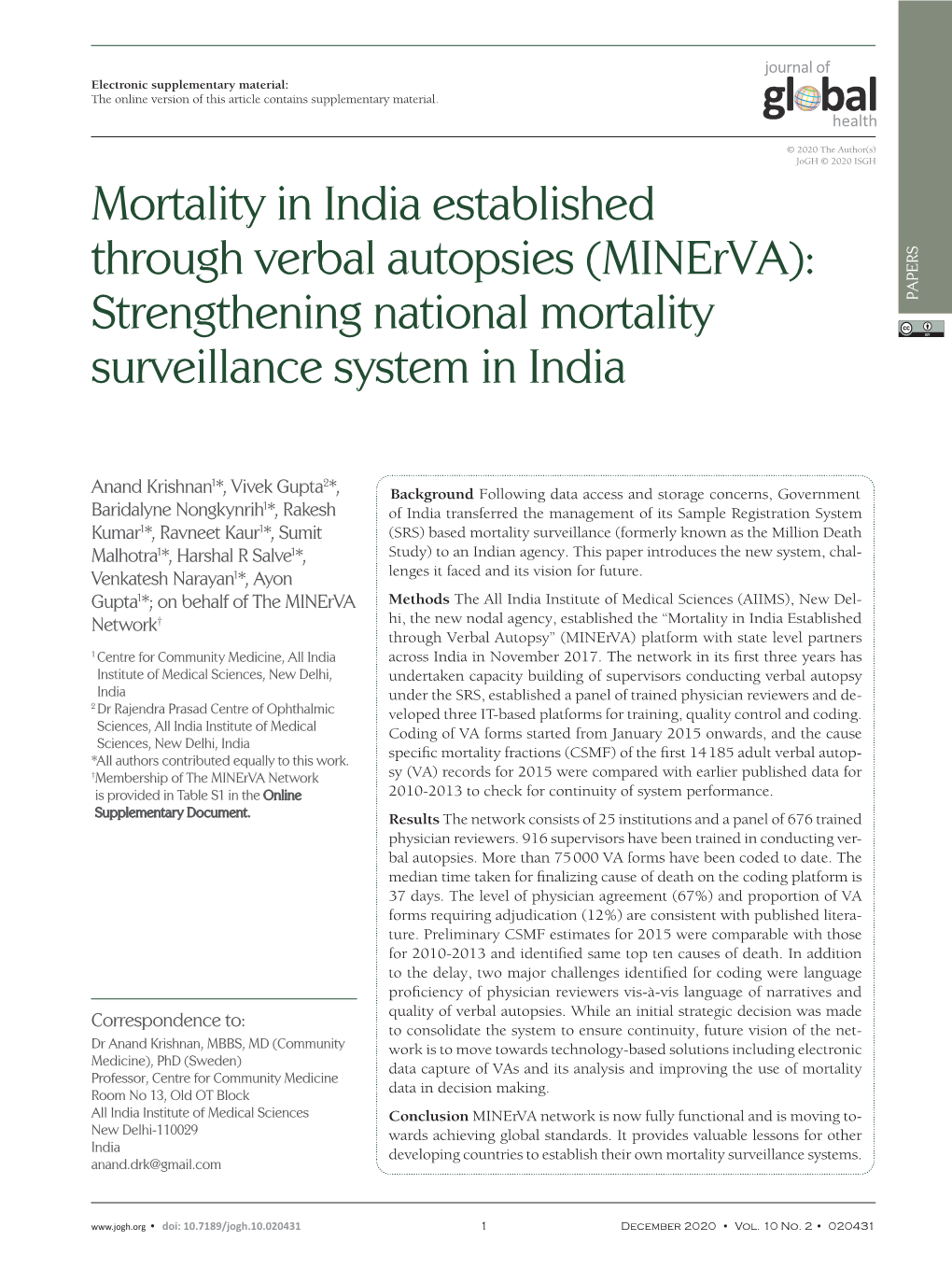 Mortality in India Established Through Verbal Autopsies (Minerva): Strengthening National Mortality PAPERS VIEWPOINTS Surveillance System in India