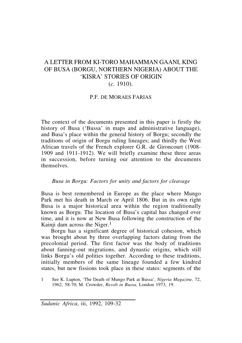 A LETTER from KI-TORO MAHAMMAN GAANI, KING of BUSA (BORGU, NORTHERN NIGERIA) ABOUT the 'KISRA' STORIES of ORIGIN (C. 1910)