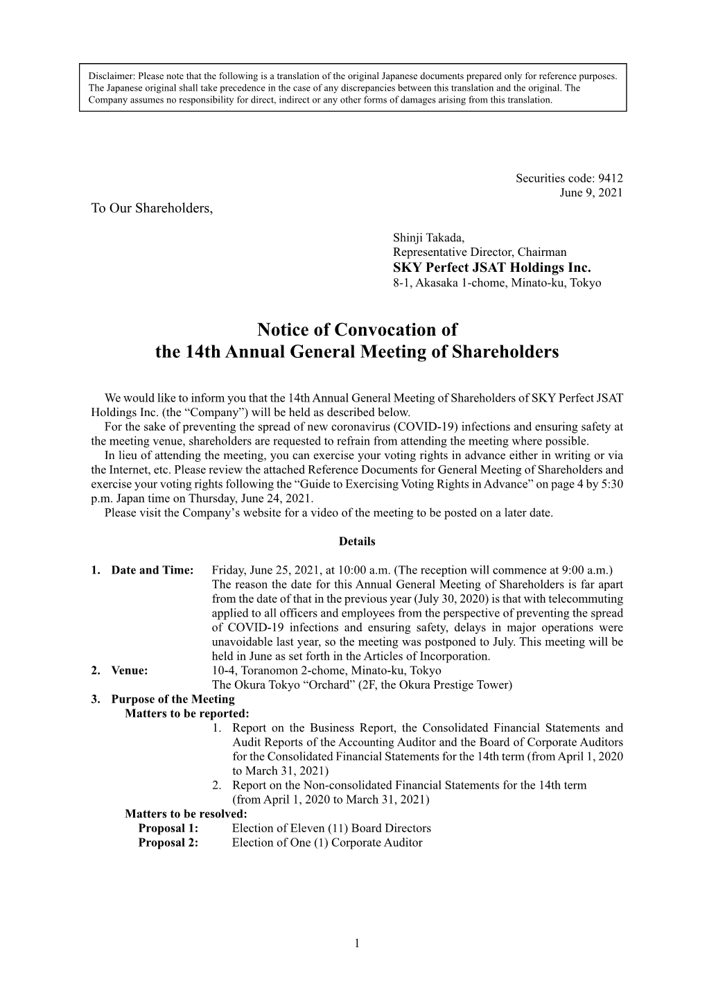 Notice of Convocation of the 14Th Annual General Meeting of Shareholders