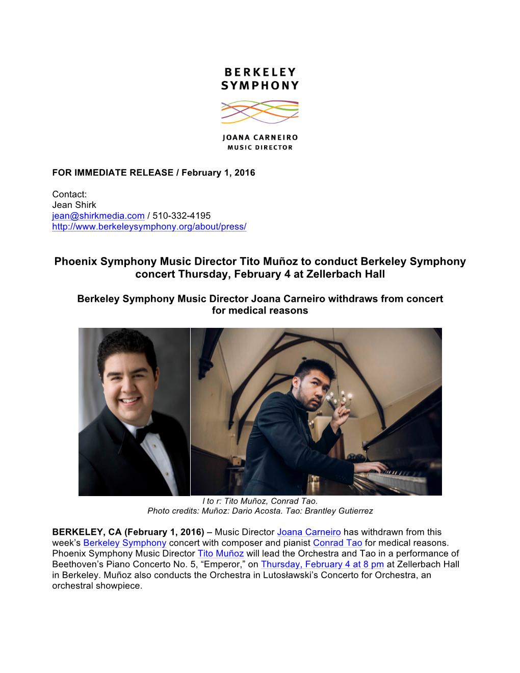 Phoenix Symphony Music Director Tito Muñoz to Conduct Berkeley Symphony Concert Thursday, February 4 at Zellerbach Hall