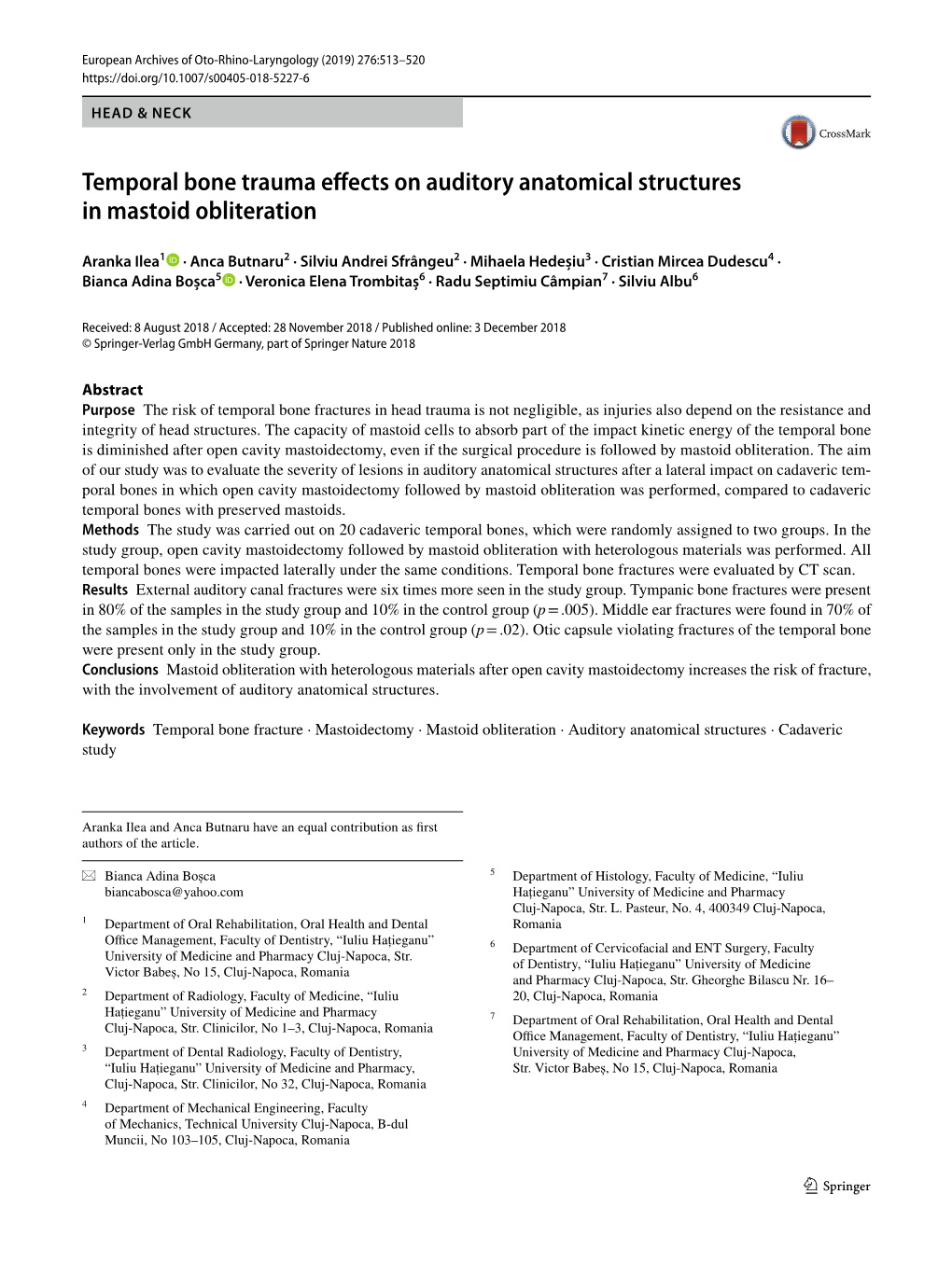 Temporal Bone Trauma Effects on Auditory Anatomical Structures in Mastoid Obliteration