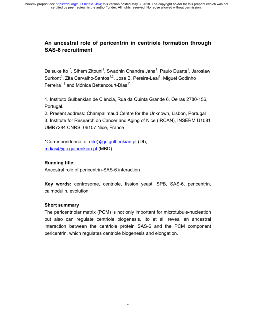 An Ancestral Role of Pericentrin in Centriole Formation Through SAS-6 Recruitment