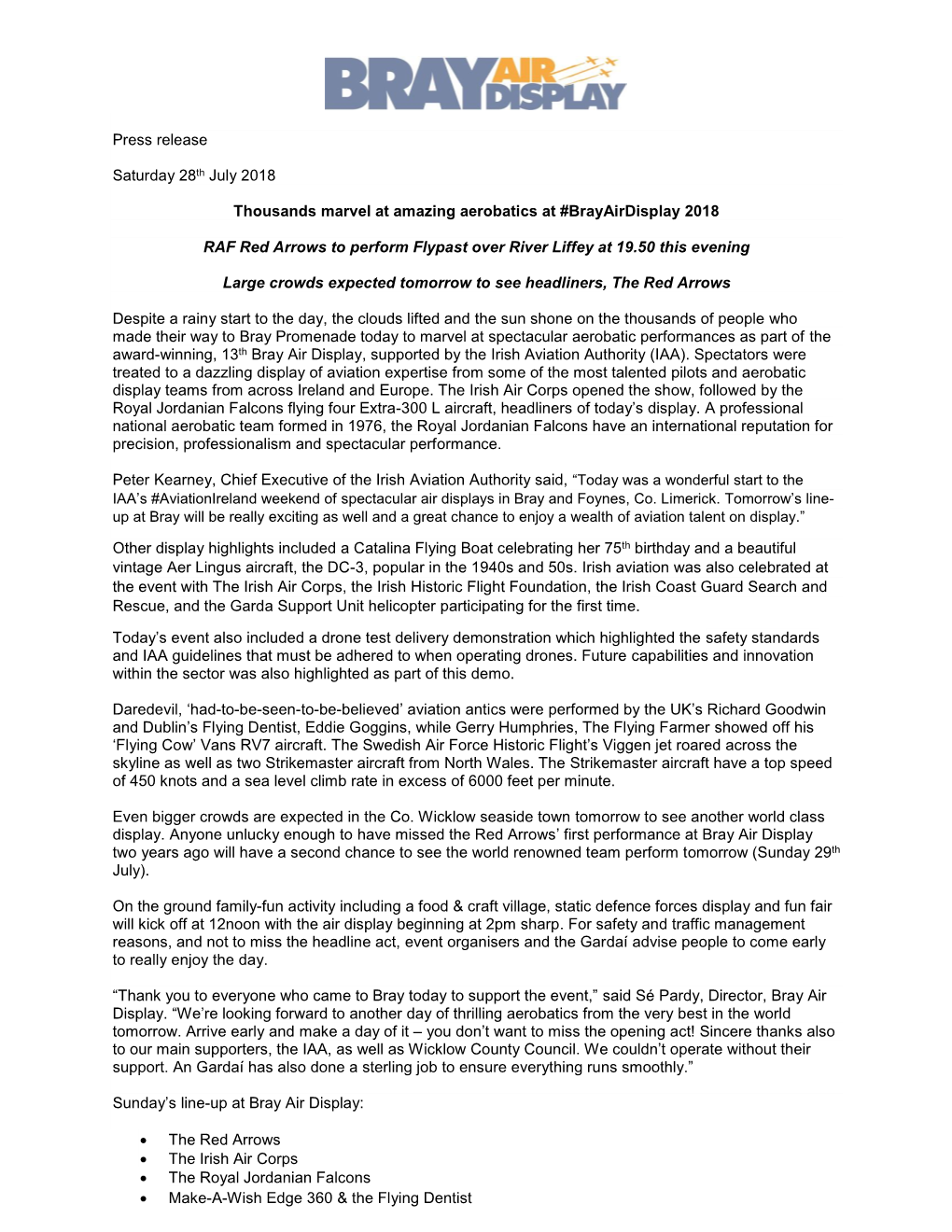Press Release Saturday 28Th July 2018 Thousands